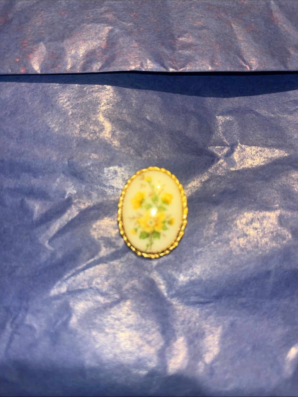 Vintage D’OR Floral Porcelain Brooch with Gold-Filled Trim Yellow Flowers